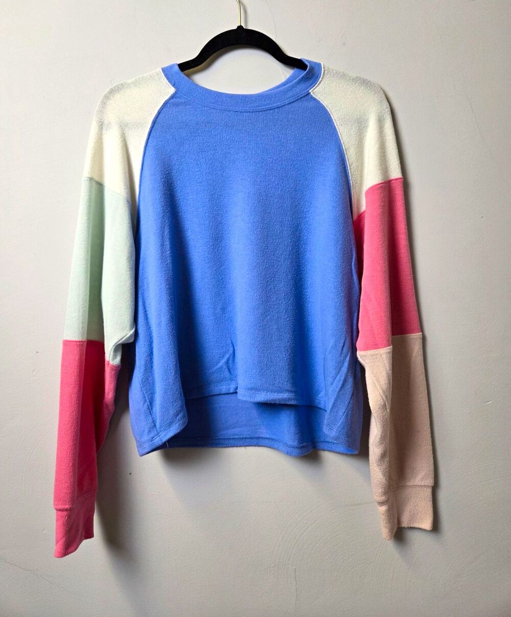 Z Supply Women Colorblock Raglan Crew Neck Pullover Light Sweatshirt Blue Pink S